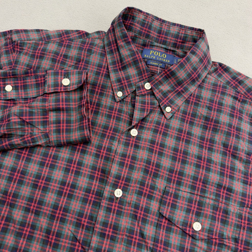 Polo Ralph Lauren Button Down Shirt Mens L Red Green Holiday Plaid Classic READ
